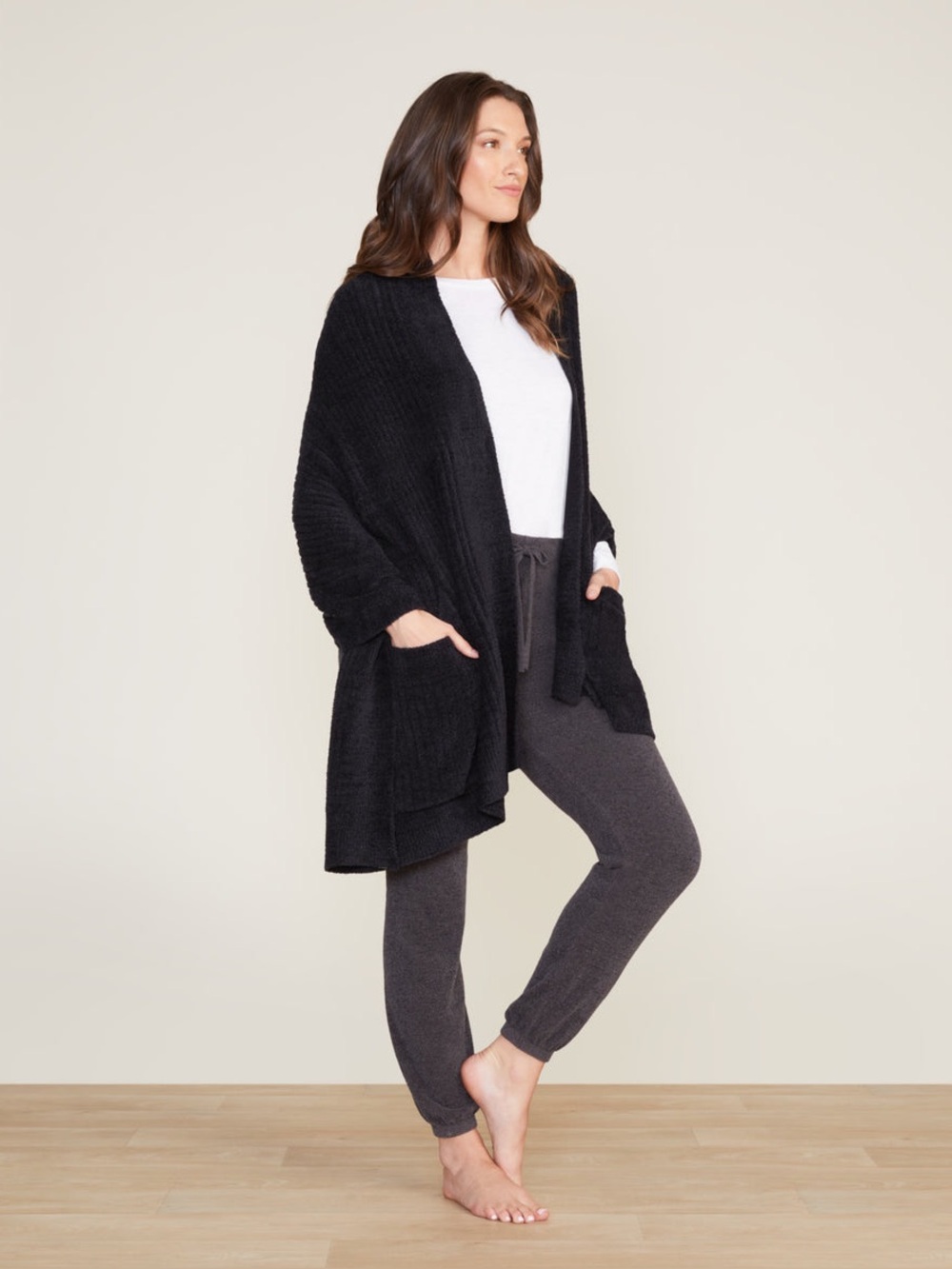 Barefoot Dreams Cozy Chic Lite Heathered Travel Shawl Black Ribbed One Size